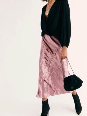 Free People Serious Swagger Crushed Velvet Midi Skirt Pink Mauve M Boho